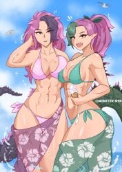 2022 2girls abs bikini breasts breasts_pressed_together female_only gijinka godzilla godzilla_(2000) godzilla_(godzilla_vs._megaguirus) godzilla_(series) godzilla_2000:_millenium godzilla_vs._megaguirus humanized humanoid kaiju kaiju_girl millennian miregoji monster_girl monster_shin pointy_ears purple_hair rule_63 square_crossover tagme thighs yellow_eyes