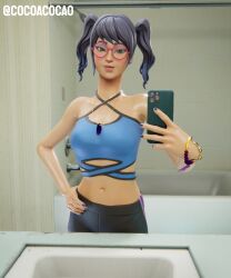 1girls bathroom black_hair cocoacocao crystal_(fortnite) fortnite glasses mirror mirror_selfie necklace phone selfie swimsuit swimwear