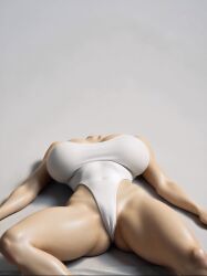 ai_generated cameltoe female floor headless hip_bones knees large_breasts laying_on_back legs_spread leotard original_character thick_thighs white_background white_leotard