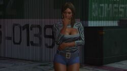 3d 3d_(artwork) alternate_outfit beautiful_female beautiful_woman belt booty_shorts brown_eyes brown_hair cheetah_pring cleavage clothed_female dark_skinned_female denim_shorts earrings edited_screencap emotionless emotionless_female expressionless grand_theft_auto grand_theft_auto_online grand_theft_auto_v gta_prostitute heavenly_body hooker huge_breasts indifferent jean_shorts leaning_to_the_side long_hair mature_woman posing prostitute prostitution rockstar_editor rockstar_games source_request tomboyish unbothered uncaring urahatax wide_hips