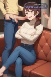 1girl 1girl1boy ai_assisted ai_generated blowjob brown_eyes brown_hair claiming crossed_arms crossed_legs deep_penetration dominance exhibitionism fellatio giggling group_sex handjob head_tilt long_sleeves lustful_expression mansion messy moaning multiple_penises oral_sex penis_in_vagina pillars pleasure precum red_couch riding saliva seductive_smile sex sitting_on_couch source_anime swallowing tile_floor turtleneck_sweater whimpering