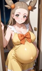 ai_generated enjoying_pregnancy gym_leader jasmine_(pokemon) pokegirl pokemon pokemon_gsc pregnant pregnant_belly pregnant_female pregnant_focus yellow_dress