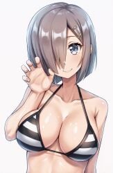 ai_generated anime big_breasts bikini blush bob_cut busty censored claw_pose cleavage curvy ecchi female female_only grey_eyes grey_hair hair_clip hand_up huge_breasts lollololli looking_at_viewer oiled_skin one_eye_covered oppai shiny_skin short_hair simple_background smile solo string_bikini striped_bikini swimwear thick voluptuous white_background