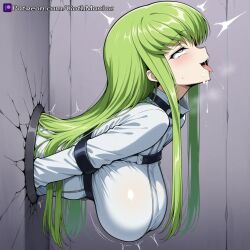 1girl ahegao_face ai ai_generated big_breasts c.c. code_geass female gothmaniac green_hair long_hair straitjacket stuck_in_wall through_wall tongue_out yellow_eyes