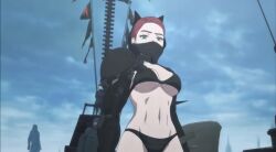 ai_generated amerote anime armored_female big_breasts bikini bikini_armor black_armor fake_screenshot green_eyes ooyukiumi_no_kaina red_hair redhead_female shield spear underwear_only