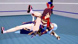 2girls amber_(genshin_impact) catfight genshin_impact kamisato_ayaka open_mouth pinfall render victory_position wrestling wrestling_ring