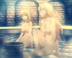 2girls areolae blonde_hair breasts breasts_size_difference feet hips kekkon_yubiwa_monogatari krystal_novaty_nokanatika large_breasts medium_breasts navel nipples nude screencap stitched thighs wet_skin