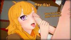 1boy 2girls clothed_female erect_penis faceless_male half-dressed half_naked_male no_pants noticed noticing nyxxzeiss offscreen_character penis_against_face purple_eyes ruby_rose rwby tongue_out yang_xiao_long