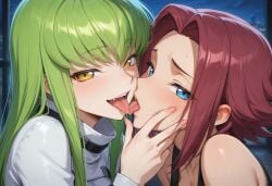 2girls ai_generated c.c. code_geass female female_only kallen_stadtfeld kissing lesbian_kiss light-skinned_female light_skin tagme yuri