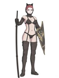 ai_generated amerote anime armored_female big_breasts bikini bikini_armor black_armor green_eyes ooyukiumi_no_kaina red_hair redhead_female shield spear underwear_only