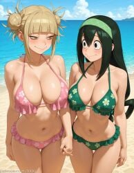 2girls ai ai_art ai_generated anus ass ass-to-ass asui_tsuyu asymmetrical_docking back blue_eyes blue_sky blush breast_press breasts cleft_of_venus cloud day female female_only from_behind himiko_toga large_breasts light-skinned_female lips long_hair looking_at_viewer looking_back median_furrow mole multiple_girls my_hero_academia outdoors parted_bangs parted_lips ponytail purple_hair pussy rock shiny_skin sky tagme take_your_pick toga_himiko tsuyu_asui uncensored very_dark_skin water web_address wet xxai yellow_eyes