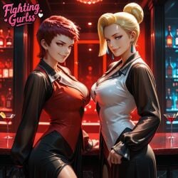 2girls ai_generated big_breasts blonde_hair blue_eyes busty busty_female dress female female_focus fightinggurlss formal formal_clothes glass hair_bun king_of_fighters light-skinned_female light_skin long_hair looking_at_viewer mature_(kof) red_eyes short_hair smile smiley_face standing suit table thick_thighs thighs vice_(kof) wide_hips