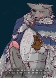 anthro armor balls belt big_balls big_penis blaidd_(elden_ring) bodily_fluids canid canine canis cape clothed clothing digital_media_(artwork) elden_ring erection fromsoftware fur genital_fluids genitals gloves handwear huge_balls huge_cock lobo_guarana male male_only mammal penis portuguese_text precum scar simple_background solo tail text throbbing throbbing_penis wolf