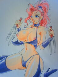 1girls areola artist_request bikini blue_eyes blush breasts cameltoe capcom captain_commando carol_(captain_commando) cleavage female garter_straps high_heel_boots highres hourglass_figure huge_breasts lipstick nipples panties ponytail swimsuit voluptuous wardrobe_malfunction weapons