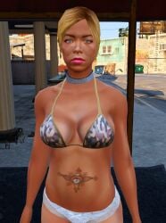 1girls 3d 3d_(artwork) alternate_outfit bare_shoulders beautiful_woman camo_bikini_top cheetah_(vanilla_unicorn) choker cleavage collarbone dreeplyn_(manipper) edited_screencap empty_eyes expressionless female_focus female_only grand_theft_auto grand_theft_auto_v indifferent large_breasts large_tits mature_woman navel navel_piercing panties rockstar_games solo solo_female standing_at_attention stripper tagme tattoo thong tomboyish vanilla_unicorn