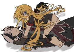 2girls allsu_official ass barefoot black_and_white_hair blonde_hair bottomless curly_hair expressionless feet female female_only hair_over_one_eye long_hair looking_at_viewer looking_back lyza_(made_in_abyss) made_in_abyss on_back ozen smile smirk smug two-tone_hair yuri