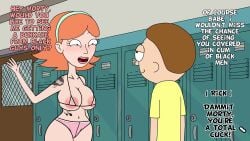 1boy age_difference alternate_breast_size areola_slip bikini blacked blackmailfuckst blush breasts brown_hair clothing covered_nipples cuck cuckold english_language english_text female glasses green_hairband hairband indoors large_breasts locker locker_room looking_at_another male micro_bikini morty_smith navel open_mouth orange_hair panties pink_bikini pink_panties profanity qos qos_tattoo queen_of_spades rick_and_morty shirt short_hair smile steca straight swimsuit tattoo text thelazyart underwear yellow_shirt