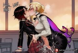2girls ai_generated arm_support artist_name asymmetrical_docking black_hair black_skirt blonde_hair blush breast_press breasts cape choker classroom cleavage closed_eyes clothed_sex cum cum_on_body cum_on_clothes cum_on_penis desk earrings ejaculation english_text erection french_kiss futa_with_female futanari glasses glynda_goodwitch gradient_hair hair_bun heart indoors jewelry kissing large_breasts large_penis long_sleeves medium_breasts multicolored_hair multiple_girls necktie on_desk pantyhose patreon_logo patreon_username penis penises_touching plaid_skirt red_hair red_skirt ruby_rose rwby saliva school_desk school_uniform shirt short_hair single_hair_bun sitting skirt sweat teacher testicles tillian two-tone_hair uncensored veins veiny_penis white_shirt window