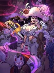 black_hair blonde_hair blue_hair brown_hair catarina_devon female female_only fox_mask harem lesbian_harem multiple_girls one_piece pirate_hat rose_(flower) satsscarlet sword