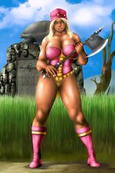 areola axe blonde_hair blue_eyes boots breasts cleavage color earrings evil_lady female female_only front_view golden_axe happy hat human large_breasts long_hair looking_away muscular_female nipples outdoors pale_skin platinum_blonde_hair see-through sideboob smile solo tan_skin thick_thighs thighs weapon