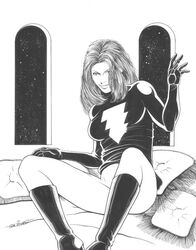 1girls black_and_white black_mary boots bottomless clothing cushion dark_clothing dc dc_comics female female_only footwear g.w._fisher human indoors looking_at_viewer mary_batson mary_marvel medium_eyes monochrome pinup shazam_(series) sitting smile solo straight_hair superheroine tagme uncensored