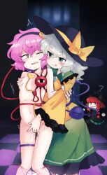 3girls :3 ? animal_ears black_hat blush blush_stickers bondage bound bow braid breasts cat_ears checkered_floor english_commentary eyeball fingering frills grabbing_another's_breast green_eyes green_hair groping hair_ornament hairband hat hat_ribbon heart heart_of_string highres incest indoors kaenbyou_rin komeiji_koishi komeiji_satori licking_lips long_hair long_sleeves multiple_girls naughty_face nipple_stimulation nude phantasma_prisoner pink_eyes pink_hair pussy_juice red_hair ribbon shirt short_hair siblings sisters skirt third_eye tongue tongue_out touhou twin_braids wide_sleeves yellow_shirt yuri