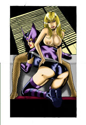 2girls amorim ass birds_of_prey black_canary black_hair blonde_hair breasts closed_eyes color dc dc_comics dinah_lance female green_arrow_(series) helena_bertinelli huntress_(dc) long_hair looking_at_viewer multiple_girls nipples