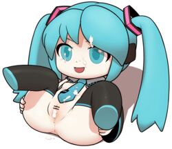 anus breasts censored chibi cum cumdrip detached_sleeves facial female green_eyes green_hair hatsune_miku highres long_hair necktie nipples nude open_mouth pixiv_464939 pussy simple_background small_breasts smile solo spread_legs tied_hair twintails ume_(noraneko) very_long_hair vocaloid white_background