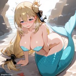 agnes_claudel ai_generated ass_up beach blonde_hair blue_eyes blue_tail blush eiyuu_densetsu female female_only large_breasts long_hair masturbation mermaid mermaid_tail mostly_nude on_her_knees outdoors pale_skin shell solo_female vaginal_masturbation