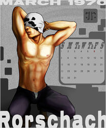 1boy calendar_(medium) dc_comics freckles male male_only mask open_fly rorschach solo tagme topless watchmen