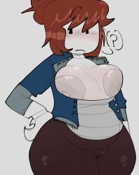 1girls ? acorn_hair areolae breasts breasts_popping_out cameltoe clothing confused curse_nsfw female female_only grey_skin hair_bun jacket medium_breasts nipples pants pussy_outline question_mark roblox robloxian shirt solo tagme thick_thighs thighs