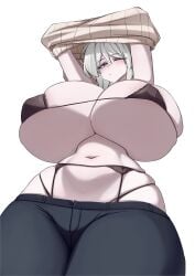 blue_eyes blush bottom_view bra breasts child_bearing_hips faust_(limbus_company) grey_eyes grey_hair huge_breasts k_dhen lifting_shirt limbus_company low-angle_view massive_breasts project_moon solo solo_female thick_thighs underboob underwear undressing voluptuous white_hair