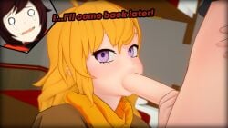 1boy 2girls black_hair black_hair_female blonde_female blonde_hair blowjob clothed_female embarrassed erect_penis long_hair long_hair_female nyxxzeiss purple_eyes ruby_rose rwby yang_xiao_long