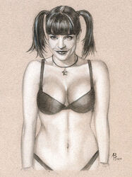 2009 abby_sciuto adam_braun black_hair breasts clothing female front_view half_body human light_skin looking_at_viewer medium_breasts medium_eyes monochrome ncis necklace pauley_perrette realistic skimpy smile solo tagme twintails underwear