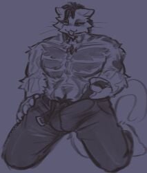anthro beckoning blep clothing epic_games erection erection_under_clothing fortnite fortnite:_battle_royale fur fur_markings gesture male male/male markings meowdas meowscles nudimane scruffy seductive solo sultry_gaze tongue tongue_out
