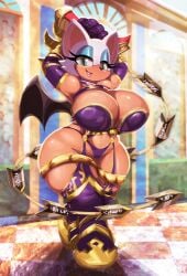 1girl 2d_(artwork) anthro armor armpit bat big_breasts bikini bikini_armor cleavage cosplay costume digital_media_(artwork) eyelashes female furry hourglass_figure huge_breasts isabella_valentine isabella_valentine_(cosplay) long_lashes looking_at_viewer melee_weapon riendonut rouge_the_bat sega shortstack solo sonic_(series) soul_calibur sword thick_thighs wide_hips