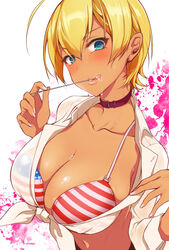 ahoge american_flag american_flag_bikini bikini blonde_hair blue_eyes breasts cleavage dark-skinned_female dark_skin drooling female gyaru heart-shaped_pupils kuro_gyaru large_breasts mito_ikumi pochi_(pochi-goya) shokugeki_no_souma short_hair solo