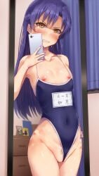 angry blue_hair blue_one-piece_swimsuit blush breasts cellphone clenched_teeth collarbone commentary_request competition_school_swimsuit covered_navel cowboy_shot female female_pubic_hair fingernails furrowed_brow highleg highleg_one-piece_swimsuit highres holding holding_phone hot_melon idolmaster idolmaster_(classic) indoors kisaragi_chihaya long_hair looking_at_viewer mirror mirror_selfie nail_polish nipples one-piece_swimsuit phone pink_nails pubic_hair pubic_hair_peek purple_nails reflection reflection_focus school_swimsuit scowl selfie small_breasts smartphone solo standing swimsuit tears teeth undersized_clothes v-shaped_eyebrows yellow_eyes