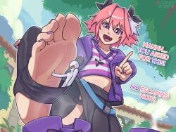 astolfo_(fate) casual cute digital_media_(artwork) fate/grand_order fate_(series) feet femboy femboy_only femboydom foot_fetish foot_focus giant outside painted_nails painted_toenails pink_hair public size_difference smell smelly smelly_feet steam stirrup_legwear stirrups tiny_male trap wardeotart