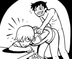 anal_sex black_and_white black_hair gay_sex holding_arm holding_arms_behind_back male_only naked_male neil_nordegraf only_male pants_down partially_clothed scott_pilgrim uncomfortable wallace_wells yaoi