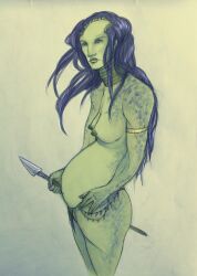 1girls 2011 alien belly big_belly black_hair breasts everybery female female_only green_skin loincloth nipples predator_(franchise) pregnant skimpy small_breasts solo solo_female spear topless weapon yautja