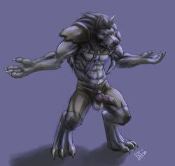 1boy abs black_hair claws digitigrade erection fangs grey_fur knot male male_only muscular pants penis solo testicles topless unshackled_fenrir warcraft worgen yellow_eyes