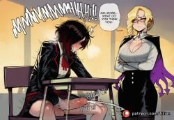 2girls ai_generated biting_own_lip black_hair black_skirt blonde_hair blush breasts cape chair classroom cleavage cleavage_cutout clenched_teeth closed_mouth collared_shirt crossed_arms cum desk earrings ejaculation english_text erection futanari futanari_masturbation glasses glynda_goodwitch gradient_hair green_eyes hair_over_one_eye indoors jacket jewelry large_breasts large_penis long_hair long_sleeves masturbation multicolored_hair multiple_girls on_chair pantyhose patreon_logo patreon_username penis projectile_cum red_hair ruby_rose rwby school_desk school_uniform shirt short_hair sitting skirt speech_bubble stealth_sex sweat teeth testicles tillian trembling two-tone_hair uncensored veins web_address white_shirt