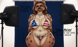 ... 1female 1girls ai_generated american_flag_bikini angry angry_face animal_ears anthro big_breasts bikini black_lips breasts brown_fur brown_hair curvaceous curvaceous_female curvy curvy_figure female furry furry_female furry_only grumpy hyena kamala_harris kamala_harris_(hyena) looking_away makeup pearl_necklace photoshoot pixai politician politics sharp_teeth spotlight sweat sweatdrop text thick_thighs two-tone_fur voluptuous voluptuous_female wide_hips