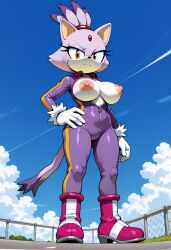 ai_generated annoyed anthro areola big_areola big_breasts big_nipples blaze_the_cat bodysuit breasts clothed clothing cloud day domestic_cat exposed_breasts felid feline felis female forehead_gem frown frowning_at_viewer fur hair hand_on_hip hi_res huge_breasts looking_at_viewer looking_down looking_down_at_viewer low-angle_view mammal nipples no_bra nude outdoor_nudity outside presenting presenting_breasts purple_body purple_fur sega skinsuit sky solo sonic_(series) tight_clothing unzipped
