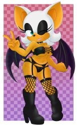 2d_(artwork) anthro artist_request big_breasts black_eyeshadow choker cleavage female fishnets goth goth_girl high_heels looking_at_viewer one_eye_closed peace_sign rouge_the_bat seductive sega shortstack sonic_(series) v_sign wide_hips wings