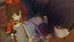 2girls 3d 720p amber_(genshin_impact) animated ass ass_shake big_ass black_hair brown_eyes brown_hair explorer_outfit genshin_impact grabbing_own_hip green_eyes hoyoverse hypnotized jiggle kishi long_hair long_twintails looking_back mona_(genshin_impact) pov red_ribbon red_ribbon_in_hair round_ass seductive_look small_breasts teasing thick_ass thick_thighs twintails video watermark