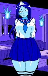 1girls 2d blue_body blue_skin blush breasts clothed female female_only game_cg ghost ghost_(jermaneels) ghost_girl ghost_tail headpiece hitodama huge_breasts jermaneels long_hair pixel_art sailor_uniform school_uniform skirt smile strip_rock-paper-scissors_-_ghost_edition thick_thighs thighs triangular_headpiece