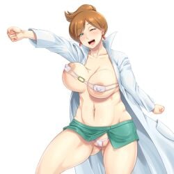 1girls 2014 areolae ass_visible_through_thighs aurea_juniper big_breasts bikini bikini_bottom bikini_top bottomwear breasts brown_hair earrings erect_nipples eyepatch_bikini female female_only game_freak green_eyes green_skirt huge_breasts lab_coat labcoat mature mature_female mature_woman micro_bikini microskirt milf miniskirt nipples nipples_visible_through_clothing one_eye_closed open_mouth pokemon pokemon_bw shikuta_maru skirt smile solo solo_female thick_thighs thighs topwear white_bikini wink