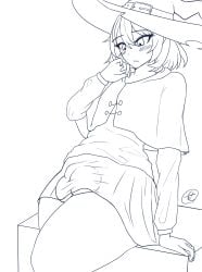 1futa balls balls_bigger_than_penis big_balls big_penis blush clothed clothing flaccid futa_only futanari hat huge_balls human line_art monochrome mostly_clothed penis semo sitting skirt small_breasts solo thick_thighs